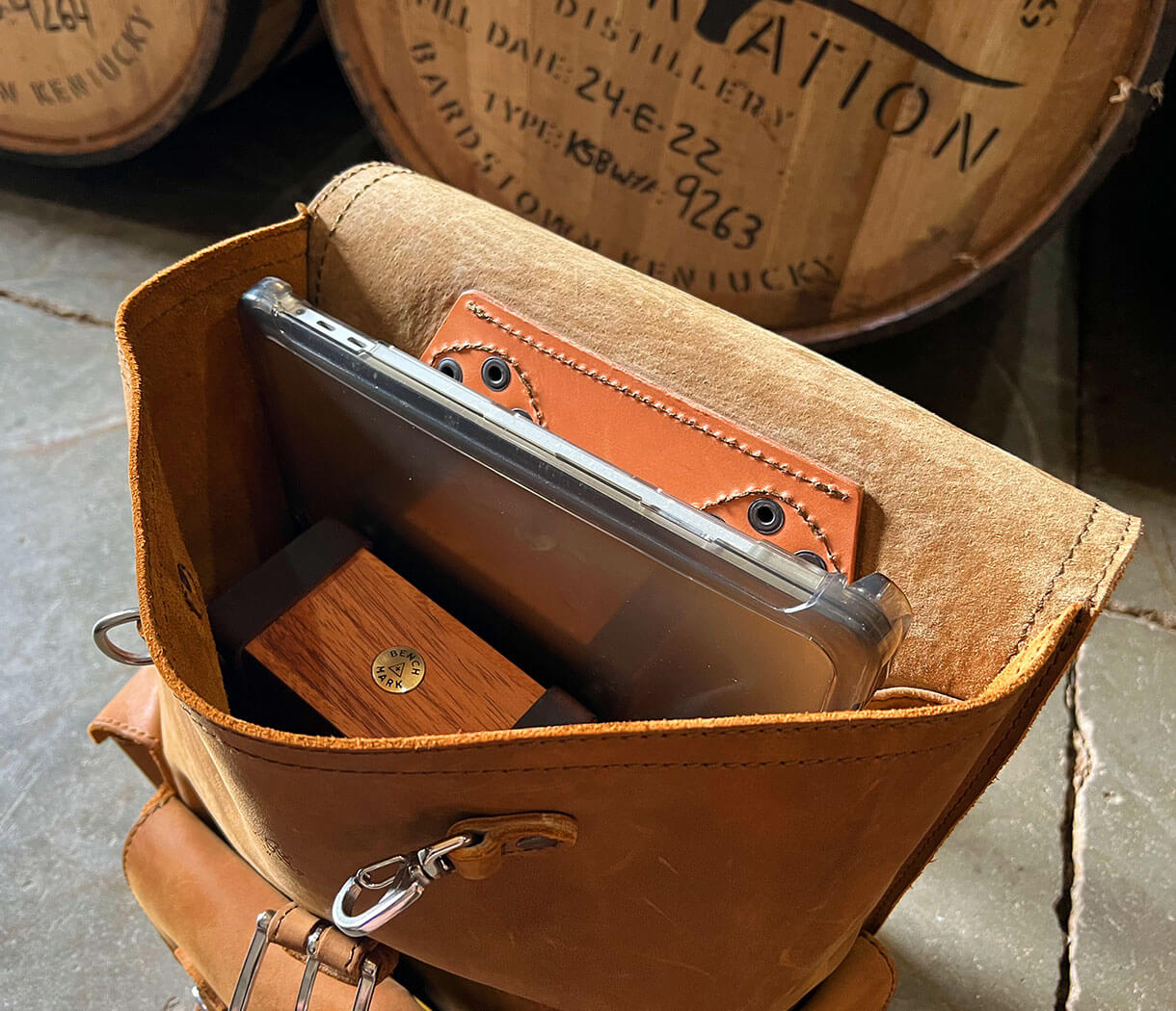 barrel backpack in leather Cigar Luggage Front Pocket Leather Backpacks – Benchmark Humidors